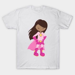 African American Girl, Pink Cape, Superhero Girl T-Shirt
